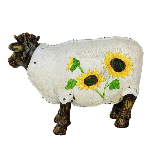 Vintage Farmhouse Dairy Cow Sunflower Cottage Flowers Statue Figurine Farm Decor - Picture 3 of 7